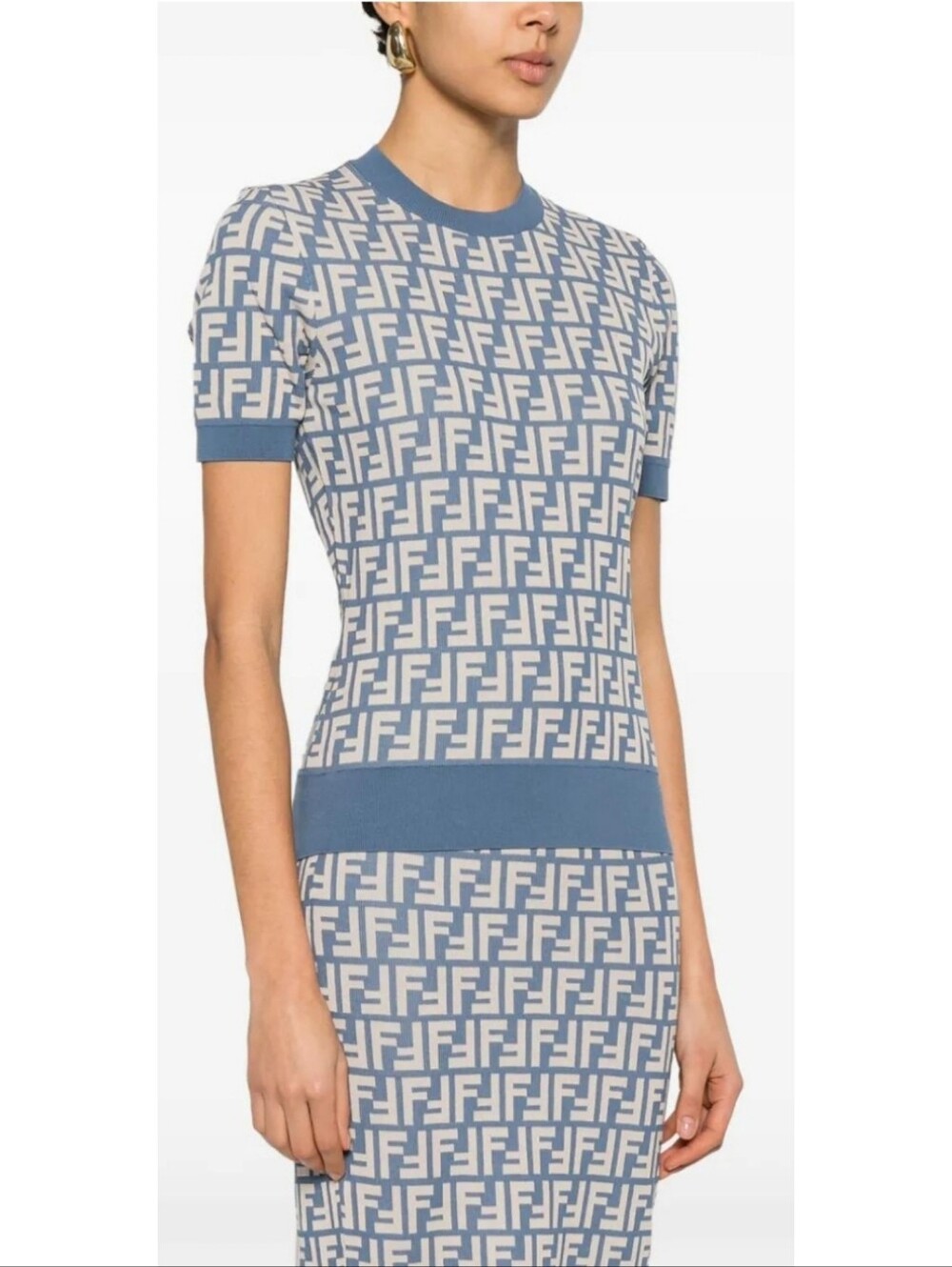 🆕️ Fendi FF Jacquard Cotton Knit Crew Neck Jumper Denim Blue IT 40 US 4 S